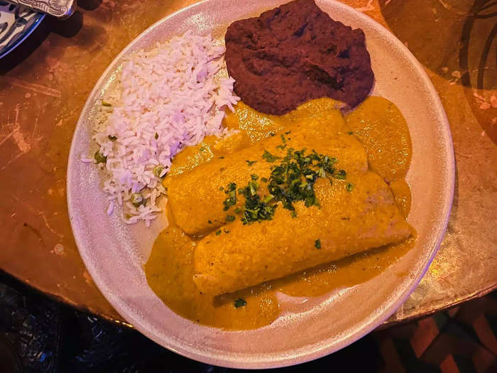 I was impressed there was also a plant-based section of the menu. Gilliland hired a sous chef from the holistic spa hotel Miraval Austin to carefully curate this section. I ordered the $18 vegan enchiladas de hongos y coliflor plate to compare to the meat dishes.