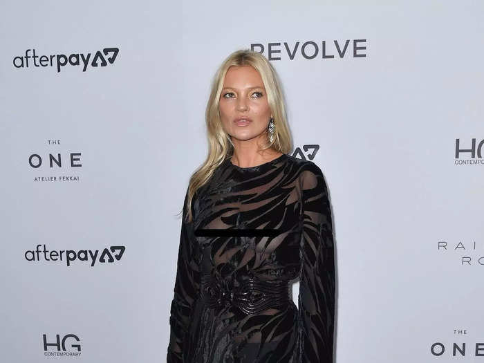 In 2019, Moss added a hint of velvet to her signature sheer look. Her long-sleeved dress was mostly see-through but decorated with soft zebra strips.