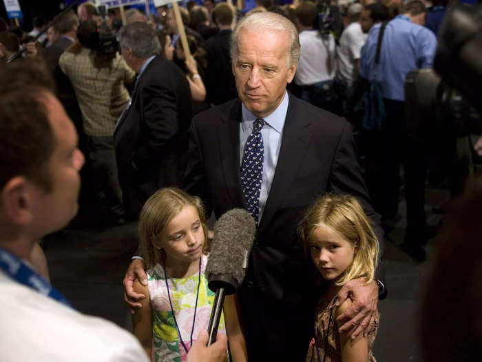 Joe Biden (then a US senator) stood with granddaughters Finnegan and Maisy Biden after a Democratic candidates debate in 2007.