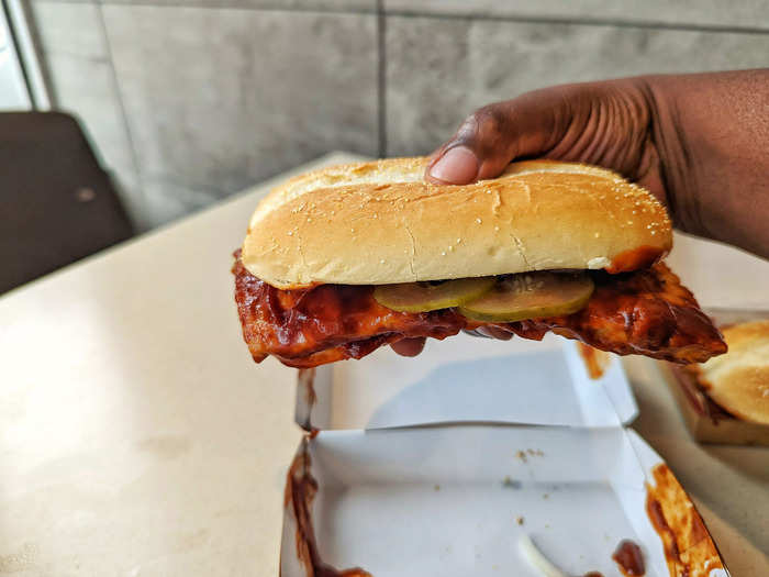 "McPorkPatty" would be a more accurate name for this sandwich. It had none of the juiciness or fattiness that I would expect from good barbecue — especially ribs.