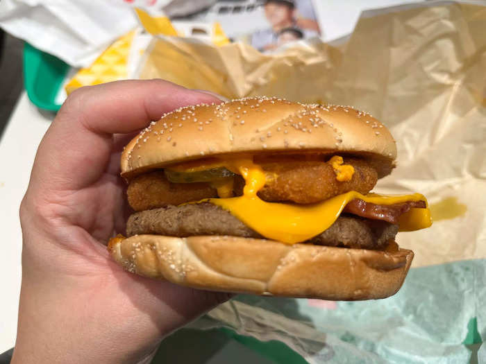 The Wild Beef Burger Onion Rings & Cheese was the most expensive item on the menu at 490 yen ($3.34). I thought neither the onion rings nor the bacon were crispy, landing it in sixth place, for me.