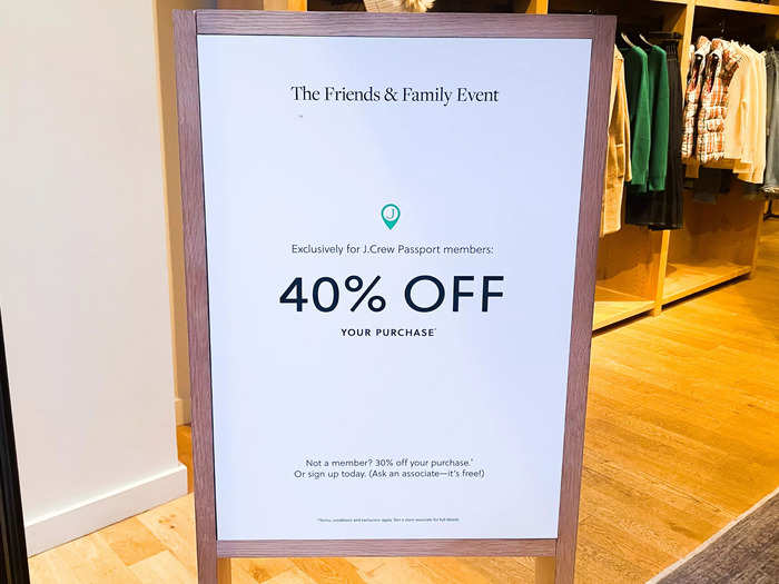 First, I stopped by J.Crew. A sign by the entrance announced a friends and family event that offers 40% off in-store purchases for J.Crew Passport members and 30% off for non-members.