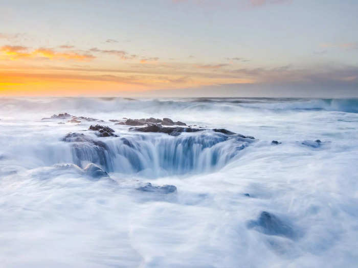 Further north, along the Oregon coast, fog pours into a natural hole in the rock, known as the Drainpipe of the Pacific.