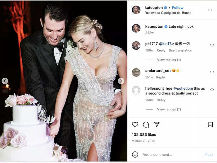 Kate Upton wore a bold, see-through dress for her wedding reception, which the model thought was "glamorous."