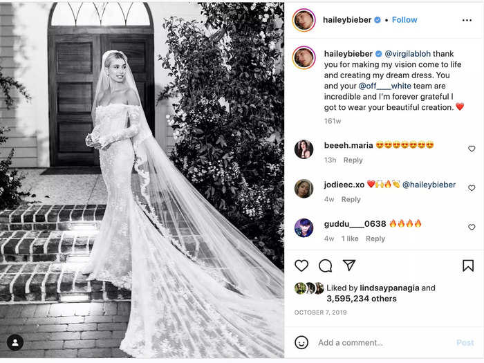 Hailey Bieber said she always knew she wanted her "back to be showing" through her wedding dress.