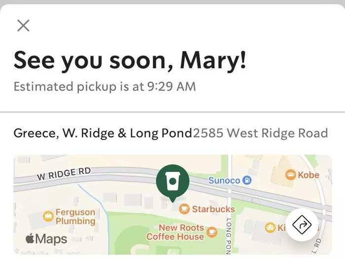 After placing my order, the app gave me an estimated pickup time about 15 minutes later.