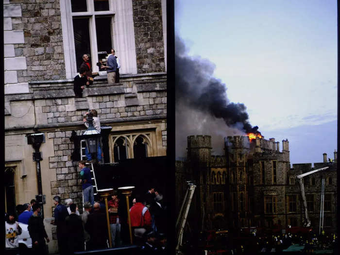 Even as the sun began to set, people were spotted lowering books and objects down from higher floors as the blaze raged on.