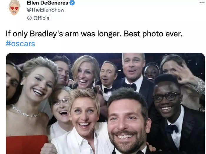 2014: The "Oscars selfie" taken by Ellen DeGeneres and fellow celebrities went on to become one of the most-retweeted photos to date.