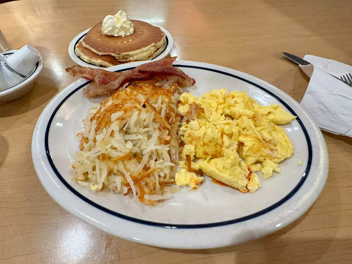 The eggs, hash browns, and bacon arrived faster than expected.