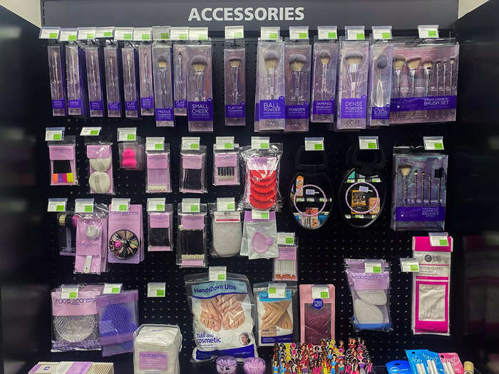 Further down the aisle was the makeup accessory area. While the selection was limited, it still had all the essentials at drugstore prices, such as packs of $4.19 eyebrow spoolies, $4.39 beauty blenders, and individual makeup brushes between $7.99 and $15.79.