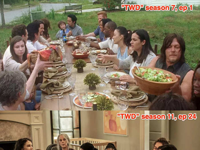 We finally see everyone gathered around a table eating a meal in a throwback to a dream-like sequence in season seven that Negan said would never happen.