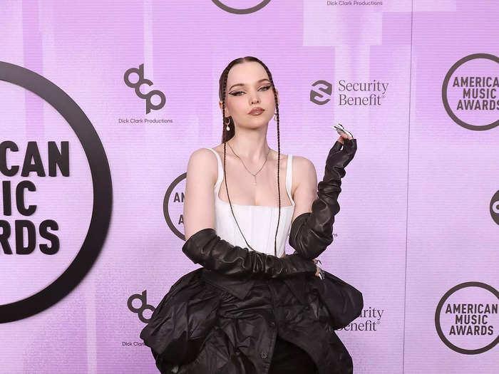 Dove Cameron brought the drama with a monochrome outfit consisting of a sparkling white corset and bunched-up black skirt from Marc Jacobs.