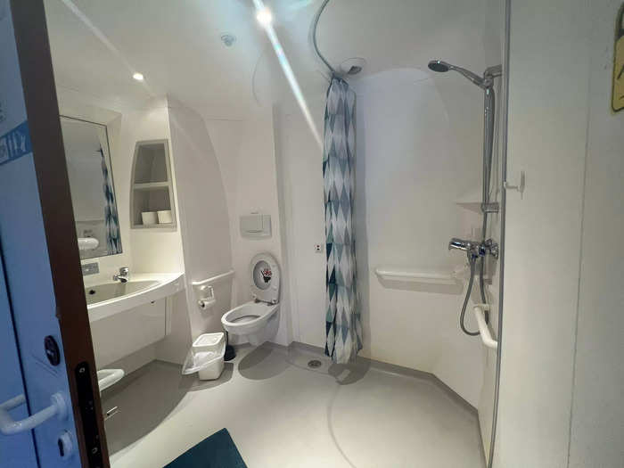 Most of the rooms do not have a full bathroom attached, but there are shared showers throughout the fuselage.