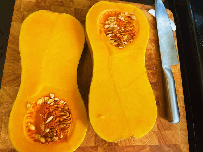 I started by prepping my butternut squash. Instead of pre-cut cubes, which I usually buy, Drummond