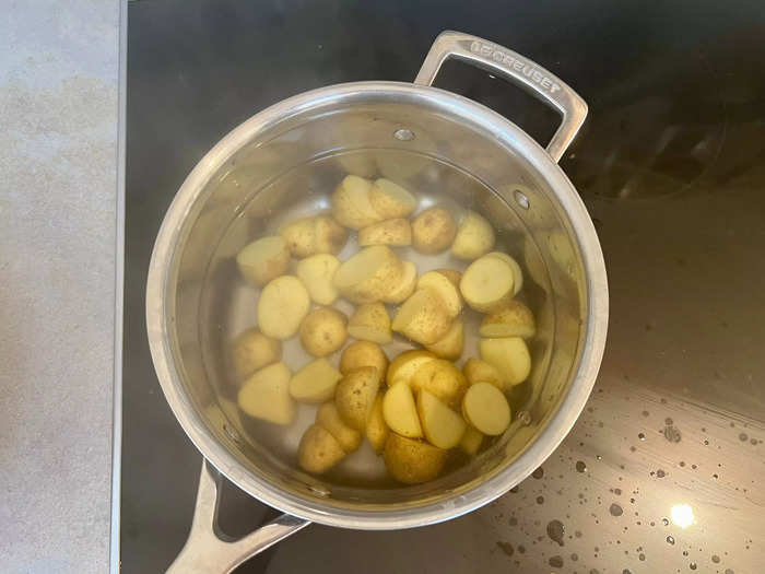 Parboiling the chopped potatoes for around five minutes will help them cook faster.