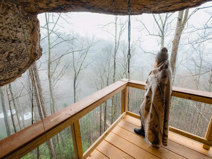 Guests at Cliff Dweller can look out of either treehouse and see miles of forest.