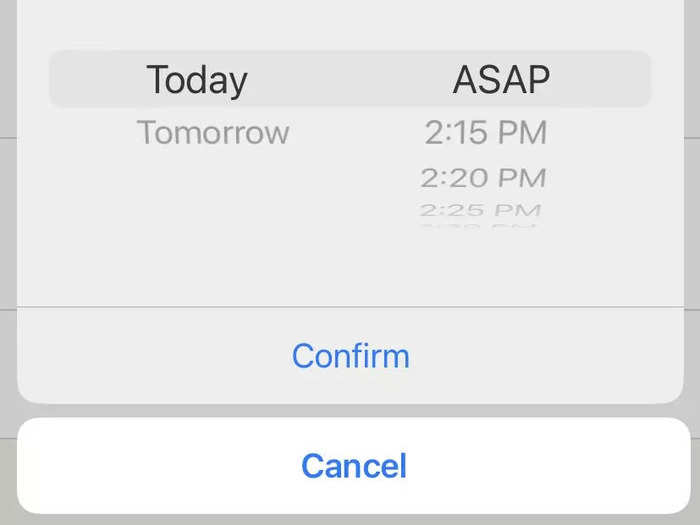 You can set the pickup time for ASAP, or any time after that in five-minute intervals.