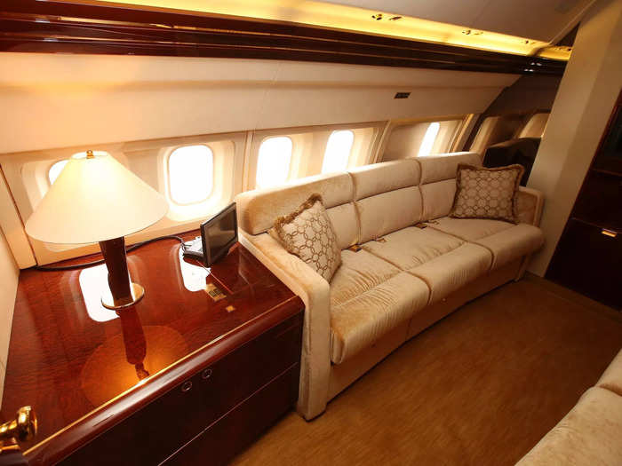 The plane would not be complete without a few bedrooms, including a guest room with wood finishings, a theater system, and two couches that convert into a double bed.