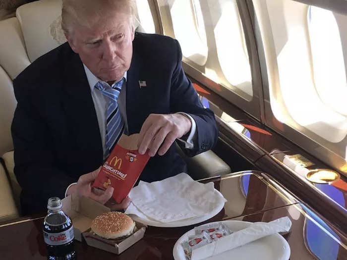 The 43-seater jet can accommodate gourmet meals, but Trump has been seen eating Big Macs and French fries onboard.