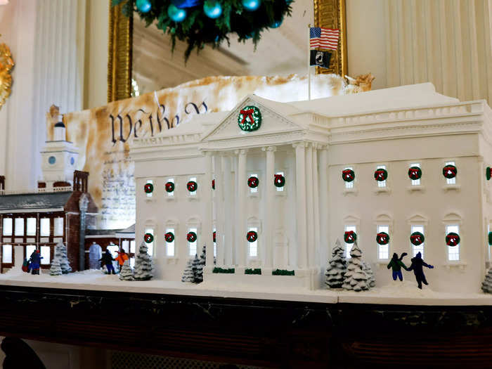 In keeping with the "We the People" theme, the gingerbread White House also features a gingerbread model of Independence Hall.