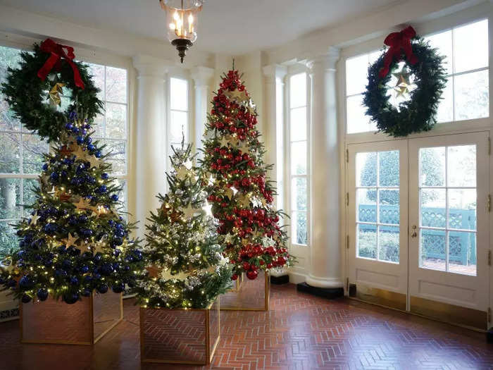 The first Christmas decorations visitors see upon entering the White House are Gold Star trees honoring fallen soldiers.