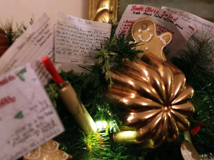 Trees in the China Room are decorated with handwritten recipe cards.