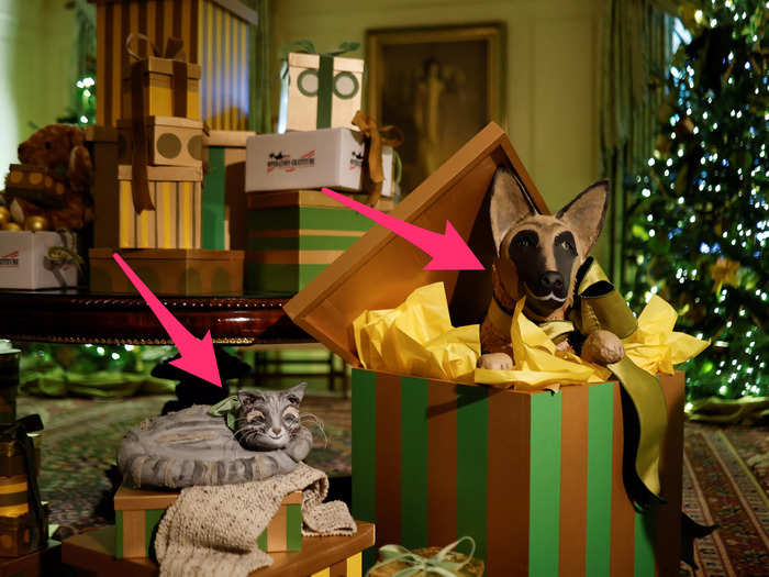 The White House pets show up again in gift boxes in the Vermeil Room.