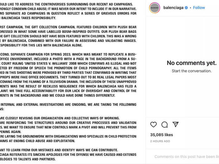 Balenciaga released a lengthy statement regarding the controversy on November 28.