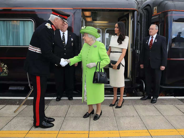 In June 2018, Meghan and the Queen embarked on their first joint royal engagement in Cheshire, England. During the trip, the monarch gifted Meghan a pair of earrings — which Meghan wore to the monarch