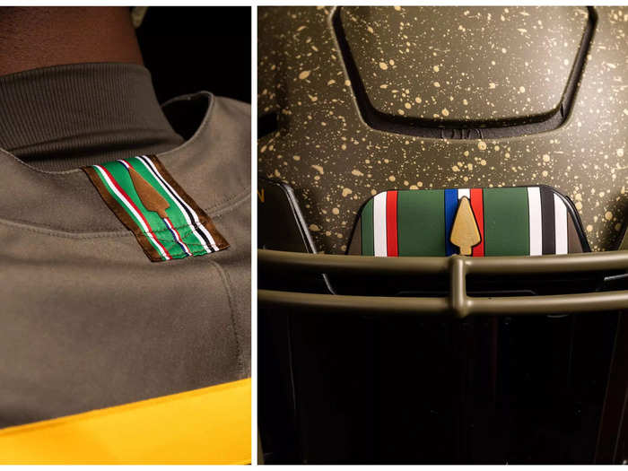 The nose bumper on the front of the helmet and the back of the jersey incorporate the campaign streamer. The green represents the fields of Europe, while the brown is for the deserts of Africa. The arrowhead is for the first assault that began Operation Torch.