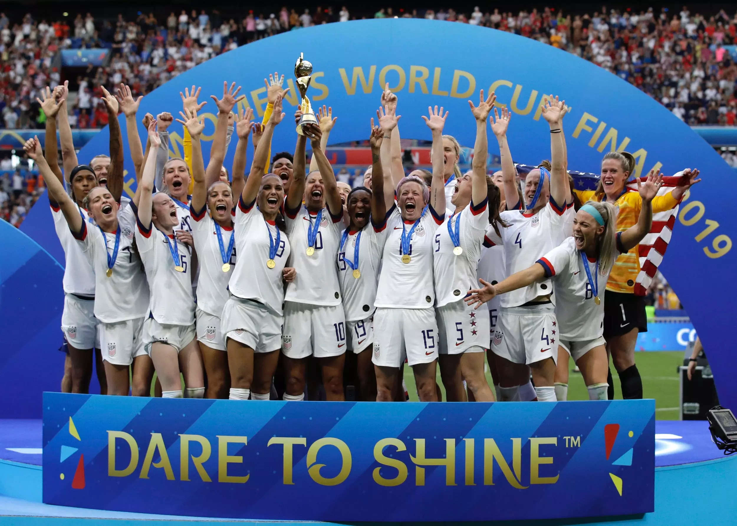 USWNT players celebrate their 2019 World Cup victory.