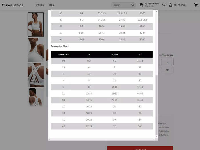 Fabletics has a size conversion chart, but it didn