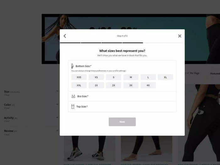 Next, it asked several questions about my size for bottoms, bras, and tops.