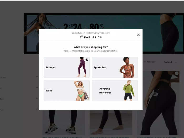 I selected "Shop Women" and was taken through a survey. First, it asked, "What are you shopping for?" and gave me the option to choose bottoms, sports bras, swim, or anything athleisure. I chose sports bras.