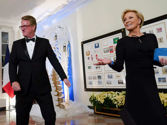 MSNBC television hosts Joe Scarborough and Mika Brzezinski smiled at their fellow media folk as they arrived.