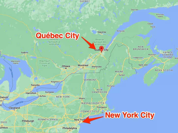 Québec City is on the eastern edge of the Canadian province of Québec. A flight from my home in NYC would take less than two hours — a lot shorter than a trip to Europe. My direct flight from NYC to Berlin was nearly eight hours long.