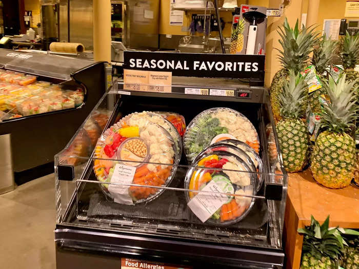 Fruit and vegetable trays and dips were in a small setting labeled "seasonal favorites."