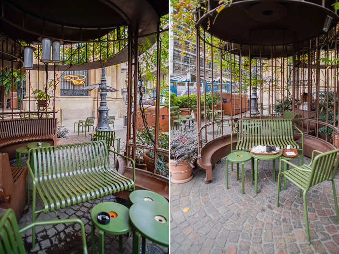 To get to the entrance, I walked through a street-side terrace filled with outdoor seating for Starbucks customers.