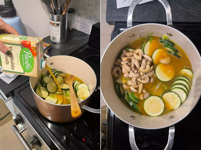 Then it was time to add the broth and cashews and let it all simmer together.