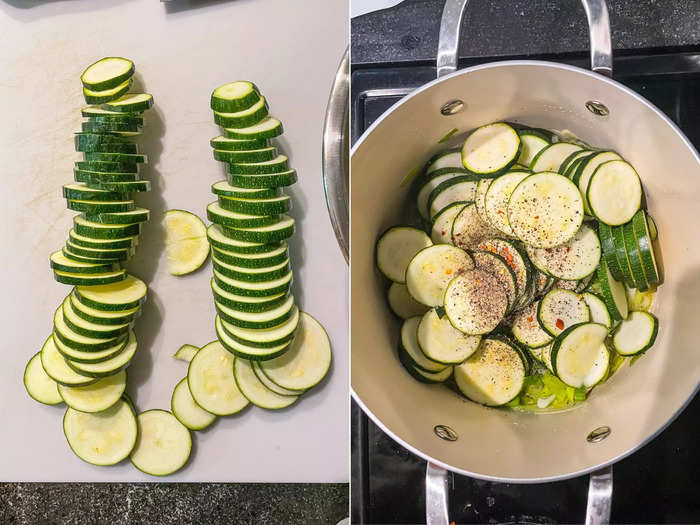 I sliced my zucchini into disks and added them to the pot.