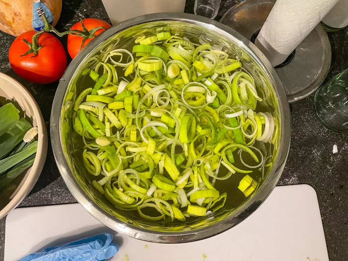 While they were soaking, I sliced and cleaned my one leek.