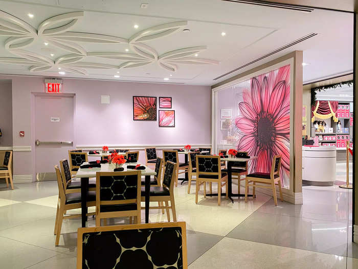 We were led by the hostess through the spacious dining area to our table. The interior of the cafe was painted a pastel purple and was brightly lit with ornamental chandeliers.