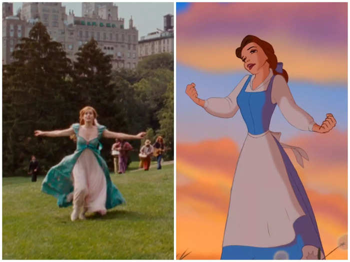 When Giselle runs up the hill in Central Park, she looks just like Belle in "Beauty and the Beast."