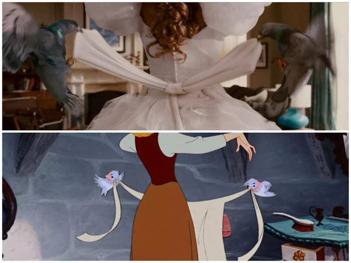 Giselle gets help from pigeons with her apron, just like Cinderella does with her bluebird friends.