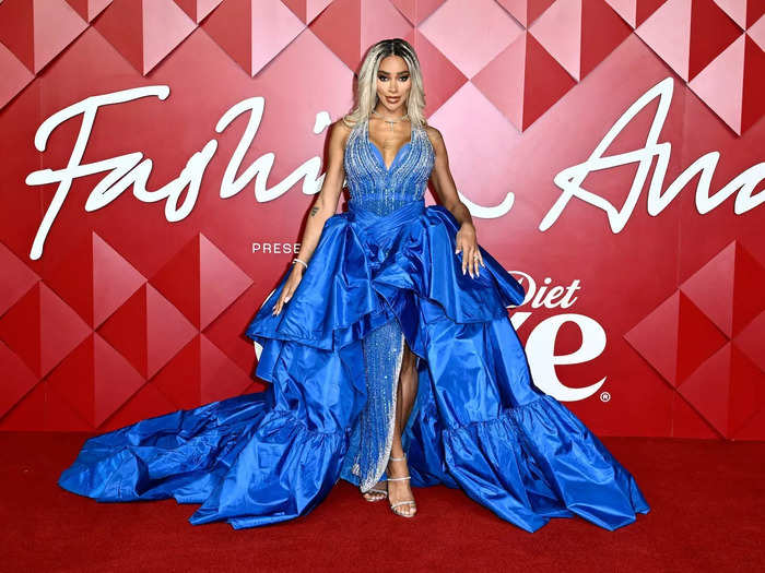 Model Munroe Bergdorf wore a blue, princess-like gown that hugged her body and was adorned with crystals. It also had a second, ruffled skirt that wrapped around her waist.