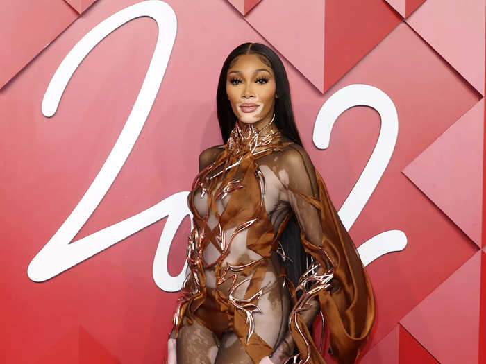 Winnie Harlow walked the red carpet in an Iris van Herpen bodysuit that had intricate cutouts and fabric flowing behind her.