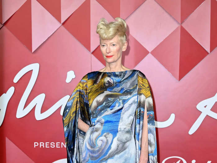 A painting of a woman floating in the clouds was printed on Tilda Swinton