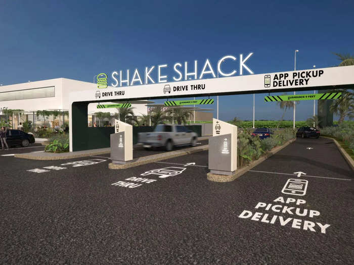 In December 2021, Shake Shack opened its first restaurant with drive-thru lanes in Maple Grove, Minnesota. One lane is dedicated to fetching mobile orders.