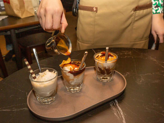 The affogato flight — available with oat milk gelato — included a banana crisp flavor with intensely sweet banana and caramel brulee toppings …