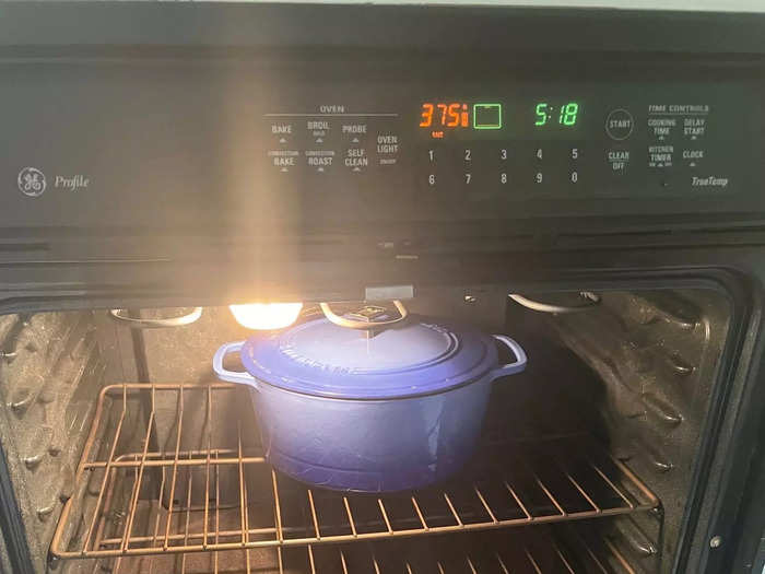 I threw my covered pot into the oven, which was set at 375 degrees Fahrenheit.